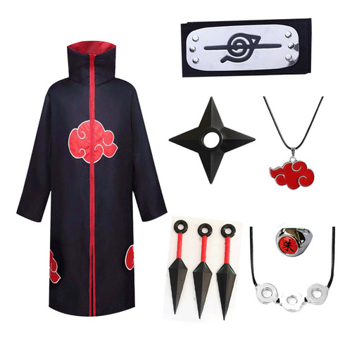Cross-border Japanese anime ninja cloak cos cloak kimono Akatsuki organization headband kunai ring suit red cloud robe