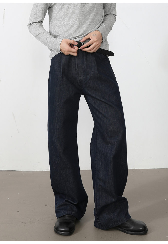 Quần jean nam ống rộng lưng trung, phom suông thoải mái, vải denim phối lụa sợi tổng hợp xếp li nhẹ — Cao bồi xanh, Cao bồi đen, Màu cà phê đậm chi tiết 22