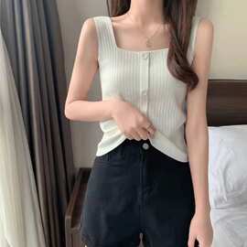 紫色吊带针织方领背心女夏内搭2022年新款黑色短款上衣外穿打底衫