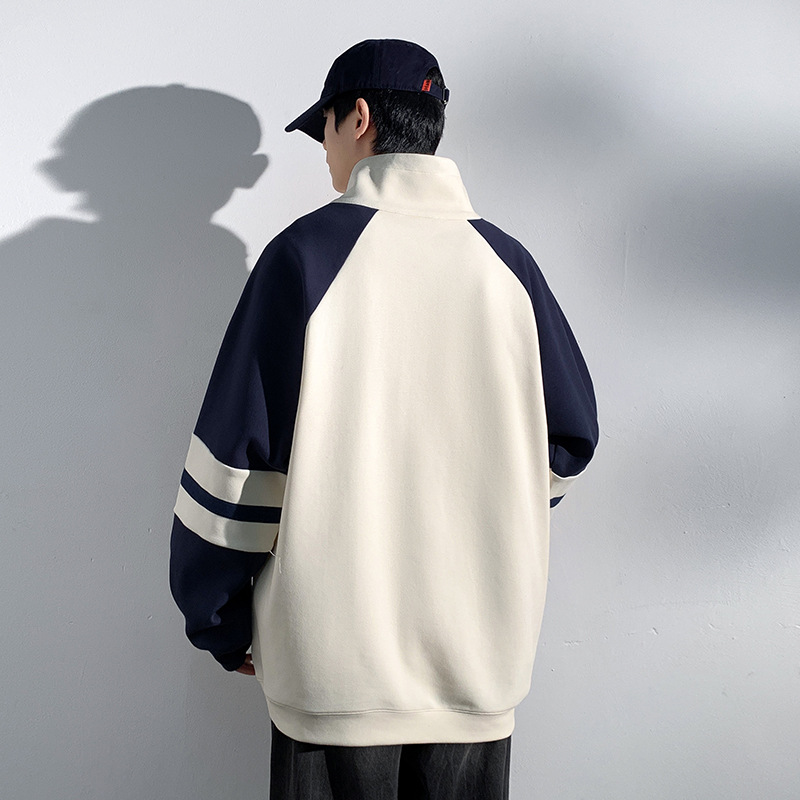 Felpa patchwork color-block da uomo, autunno 2025, colletto alto, stile americano high street, pesante, elegante,_voghion.com