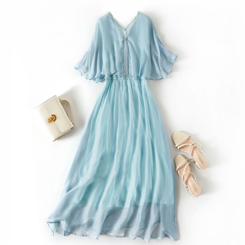 Summer New Entry Light Luxury Silk Dress OL Elegant Solid Color Simple Beach Long Dress 28011 Summer New Entry Light Luxury Silk Dress OL Elegant Solid Color Simple Beach Long Dress 28011