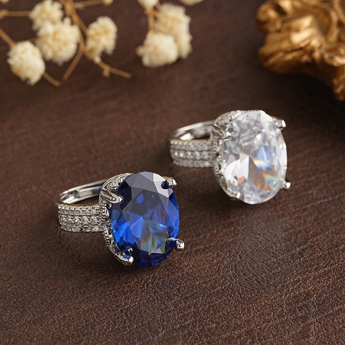 Vintage Hong Kong Style Women's Cheongsam Blue Zircon Open Ring with a High-End Feel, Super Shiny Main Stone Jewelry for Weddings and Engagements