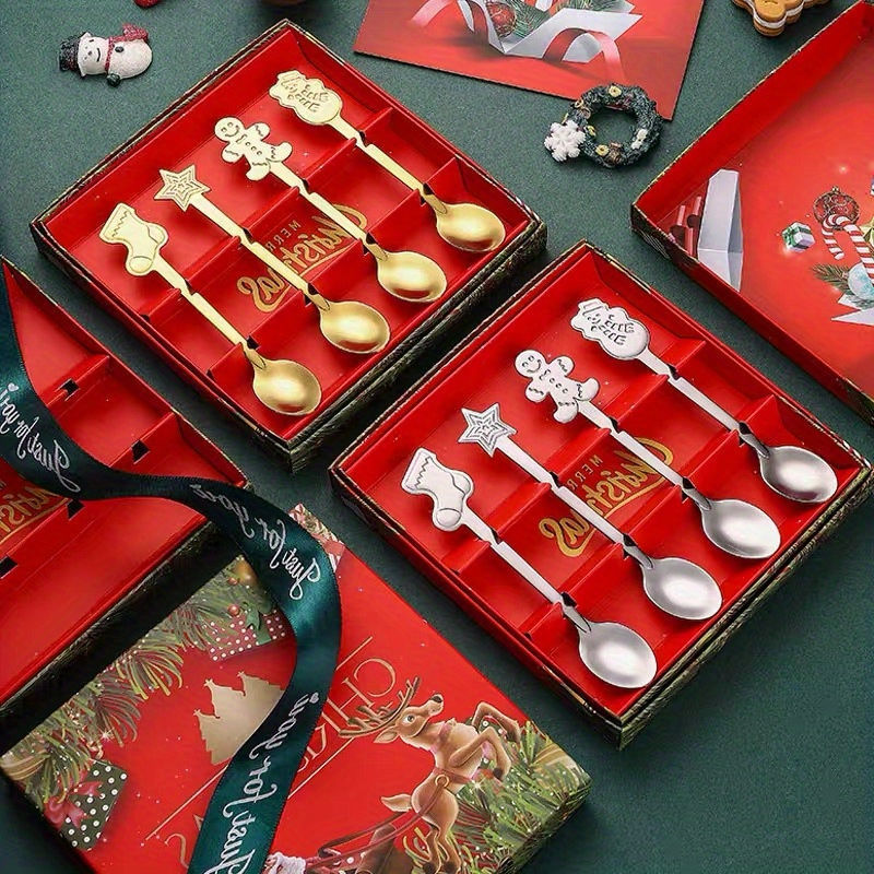 Inswind cuchara de acero inoxidable agitación de cabeza redonda creativa de Navidad café caja de regalo de Navidad set de postre cubierta sin