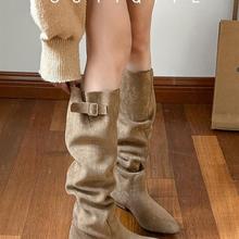 牛皮版~慵懒感女冬覆古堆堆靴法式显瘦高筒靴粗跟绒面卡其色长靴