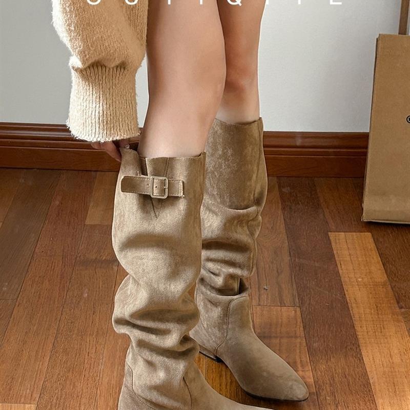 牛皮版~慵懒感女冬覆古堆堆靴法式显瘦高筒靴粗跟绒面卡其色长靴