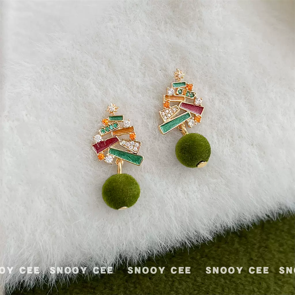 原创圣诞树~微镶锆石手工彩绘925银针植绒毛球趣味节日耳饰耳环女