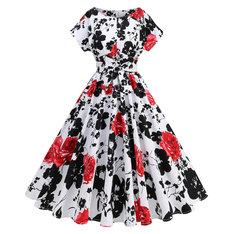 In the 1950 s, European and American retro flower lace-up photos are easy to wear for travel, elegant medium-length and large-dress light dress