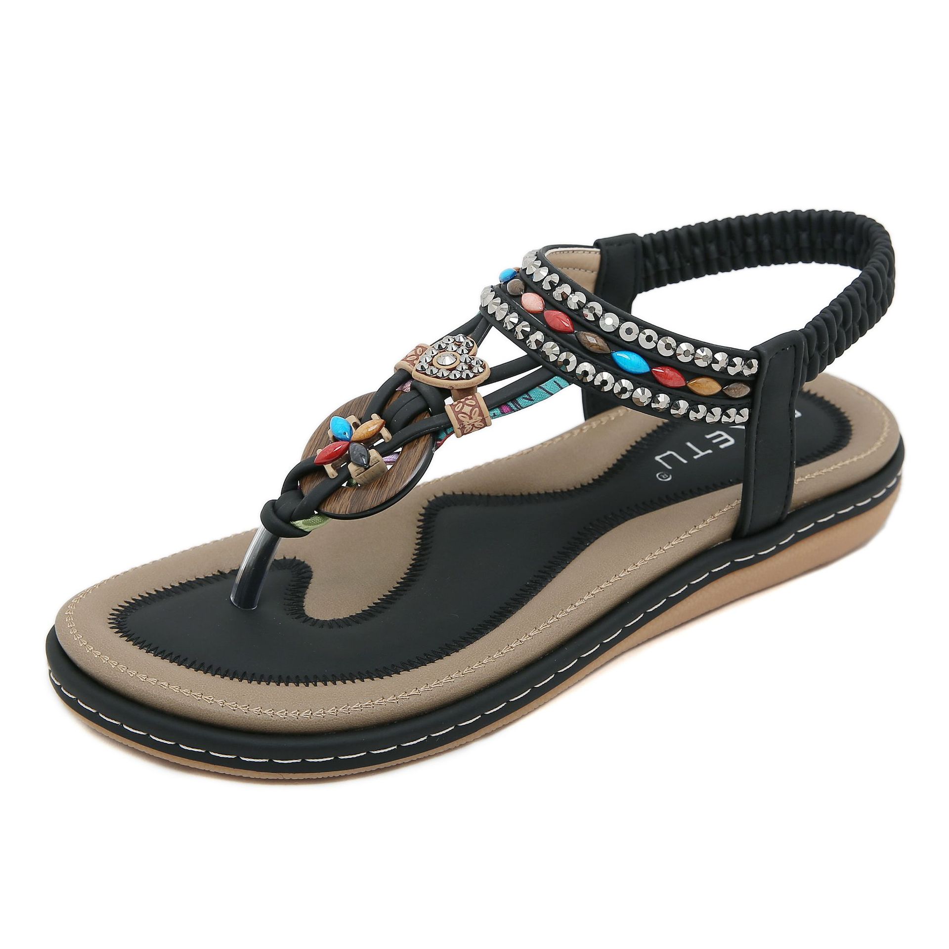 W676-2 Nuevas Sandalias Planas de Moda Casual Transfronterizas 2025 con Hebilla de Cuentas de Madera y Pedrería para Mujer, Playa de Tailandia