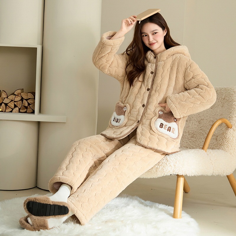 Pajamas for Women Winter Fleece-Lined Thickeneded Three-Layer Quilted Coral Velvet Winter Velvet Casual Hooded Home Wear Set