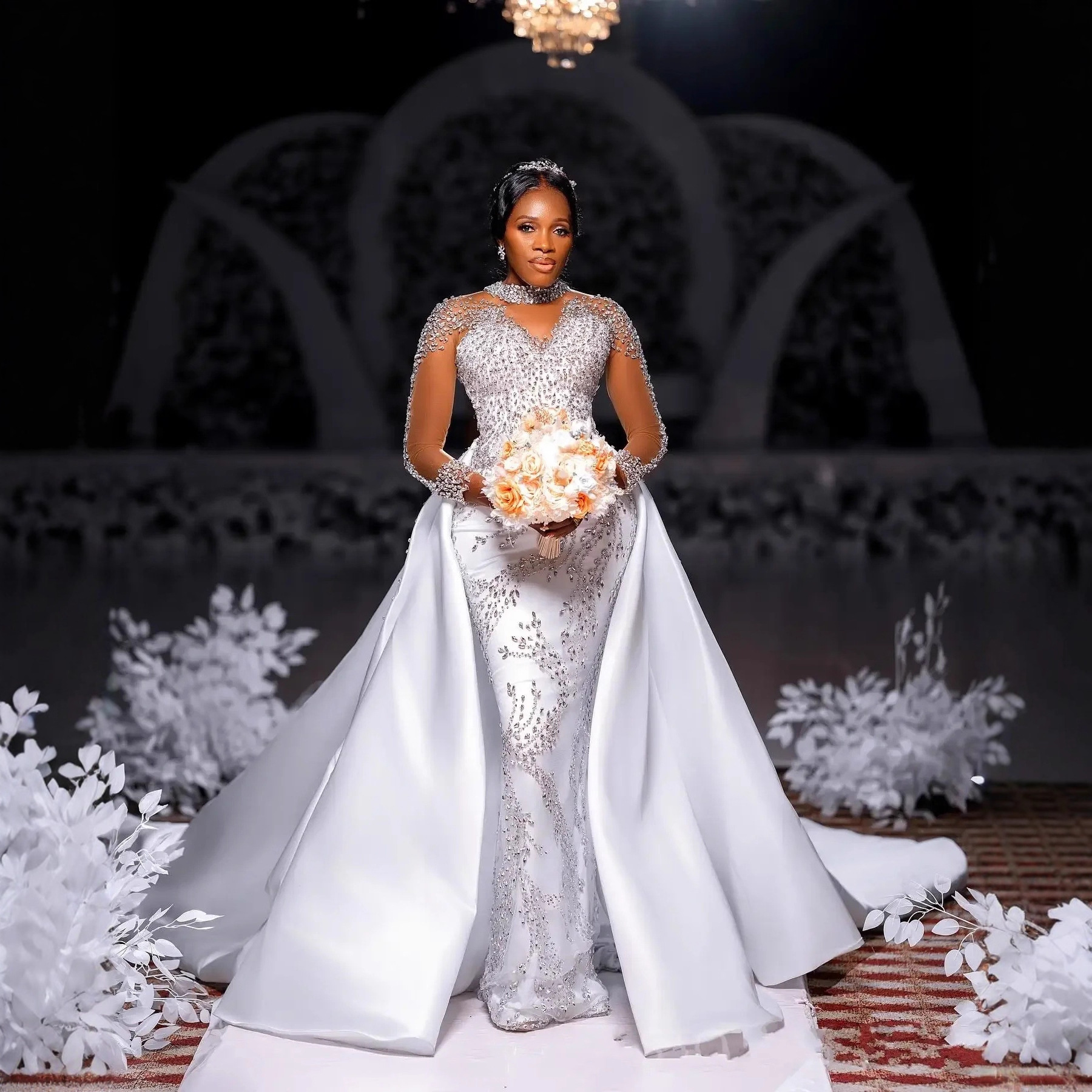 New Foreign Trade Wedding Dress Pure White African Bride Wedding Dress Mermaid Wedding Dress Fishtail Skirt Detachable Tail