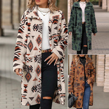 2025亚马逊女装欧美跨境秋冬单排扣民族翻领长袖毛绒长款大衣外套