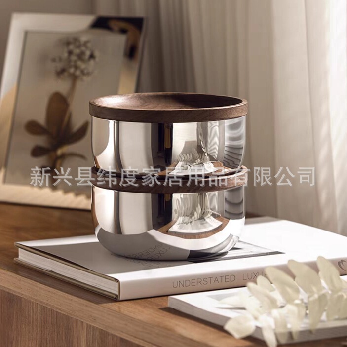 Light Luxury Stainless Steel Walnut Coffee Table Dining Table Nut Storage Box Model Home Decoration Fruit Plate Ornaments Tableware