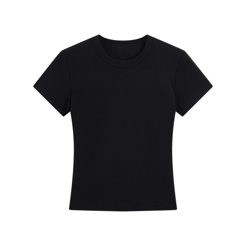 肩の半袖のtシャツの女性のフランスの丸首の2025夏の短いタイプの弾力の修身のギャルの風はやせている短い上着の女性を現します。