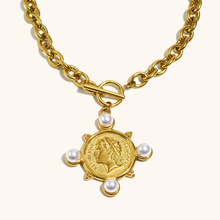 欧美跨境时尚气质法式项坠不锈钢镀18K金O字链OT扣女王项链女轻奢