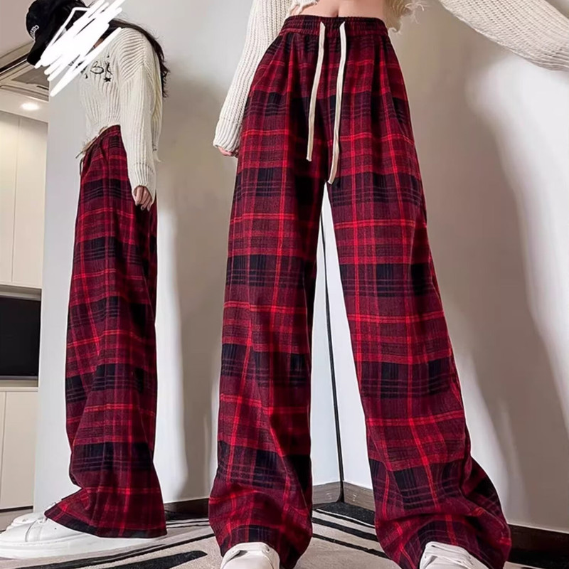 Pants Men's Spring and Autumn 2024 New Japanese Style Laid-back Style Scrub Plaid Pants Loose Straight Wide Leg Casual Trousers for Men