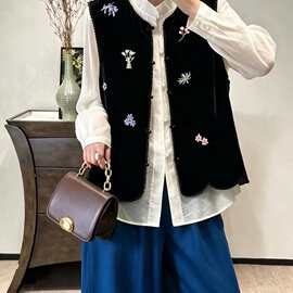 26早秋桑蚕丝丝绒重工刺绣钉珠马甲拼接真丝欧根纱百搭背心108