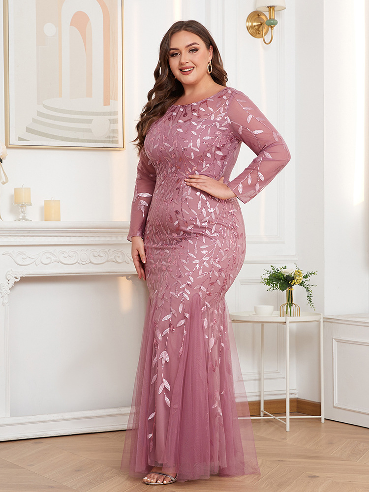 Vestido de noche bordado de talla grande, estilo europeo y americano, superventas transfronterizo 2026, de manga larga, cuello redondo, totalmente forrado, con cremallera trasera y corte de cola de pez.