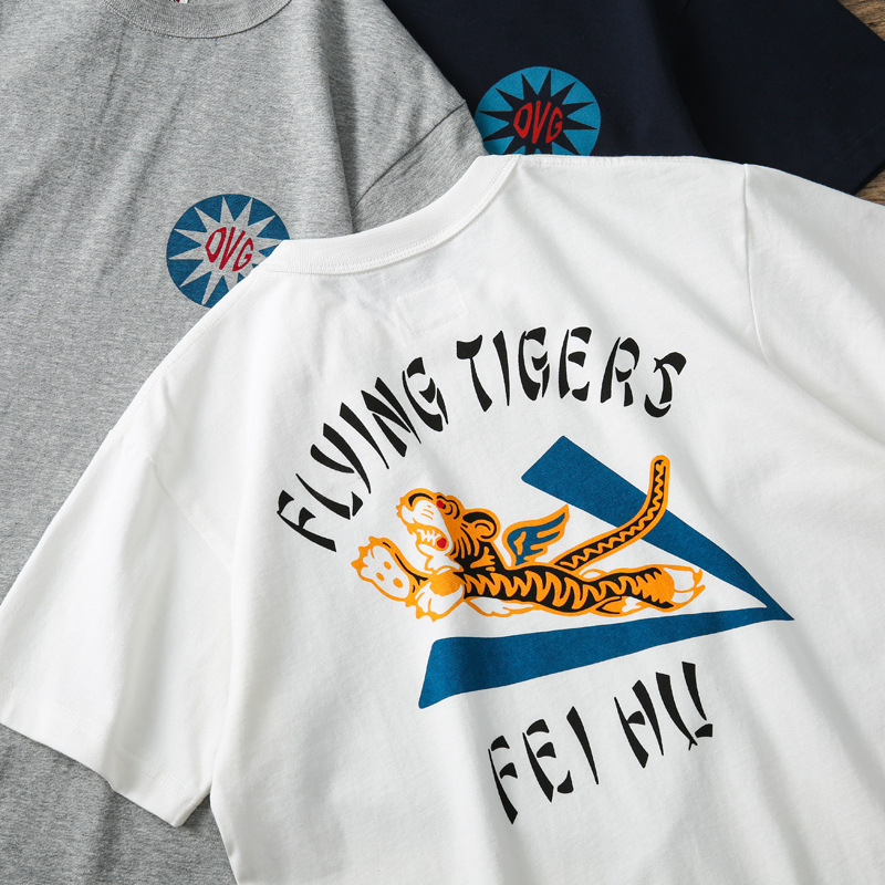 270g American retro military Flying Tigers cartoon printed cotton round neck short sleeve t-shirt for men 270g American retro military Flying Tigers cartoon printed cotton round neck short sleeve t-shirt for men