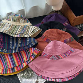 民族风夏季双面印花棉质大檐太阳帽女文艺出游遮阳帽防晒两面帽子