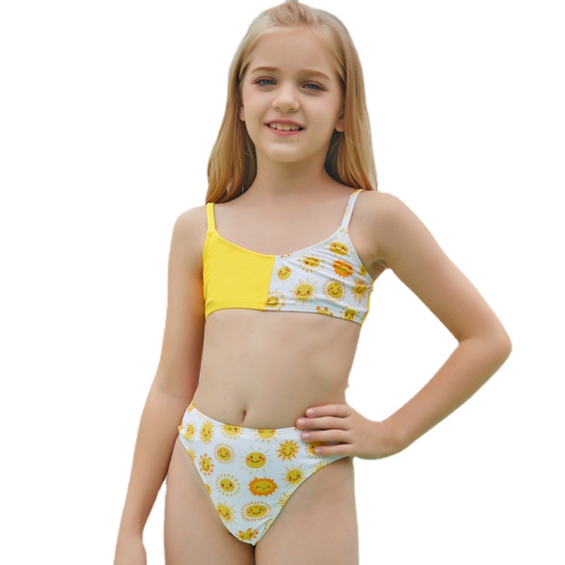 亚马逊2022年新款印花儿童分体游泳衣比基尼欧美可爱露背女童泳衣