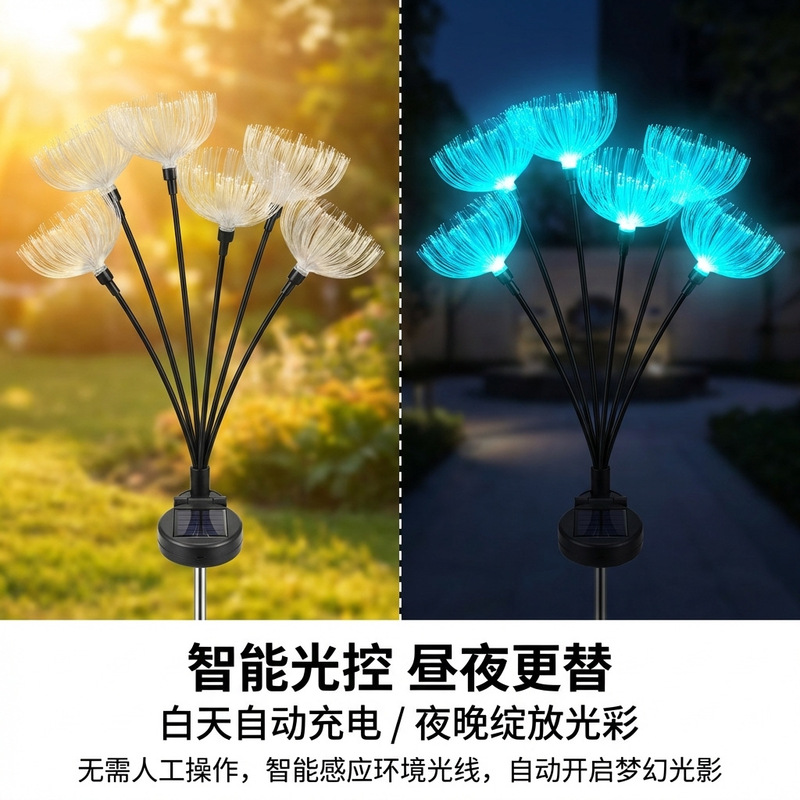 Cross-Border Solar Led Garden Decoration 6-Head Fiber Optic Jellyfish Light Garden Lawn Landscape Outdoor Waterproof Light