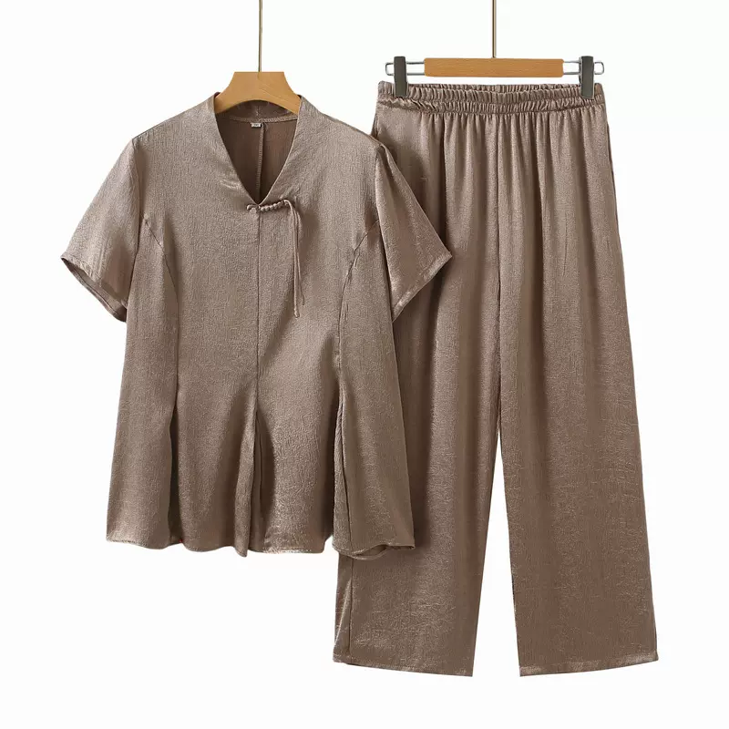 大码妈妈夏季新款T恤套装中老年洋气时尚中式短袖上衣气质两件套