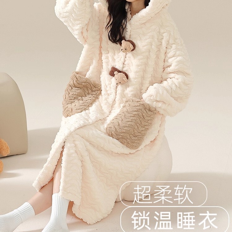 Stuffed Pajamas for Women Winter Coral Velvet Thickeneded Fleece-Lined Autumn and Winter Long Nightgown Cute Bathrobe Dressing Gown Hooded Nightgown