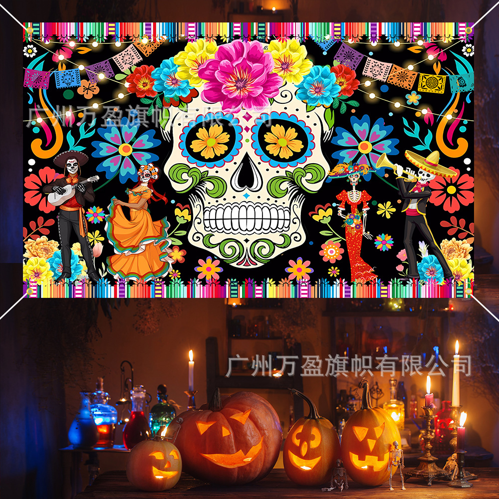 Tela de fondo de Halloween de Amazon Fiesta de vacaciones Escena de calavera grande Accesorios de decoración Día de los muertos Banderas Paño colgante