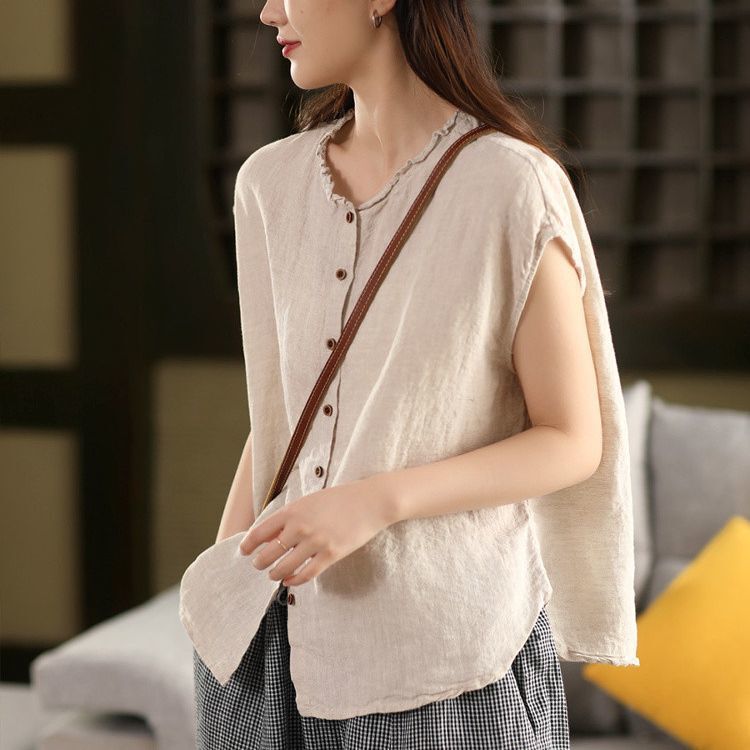 Cardigan Versatile Top Collared Shirt Women's Sleeveless Shirt Single-Breasted Retro Summer Heavy-Duty Cotton Linen