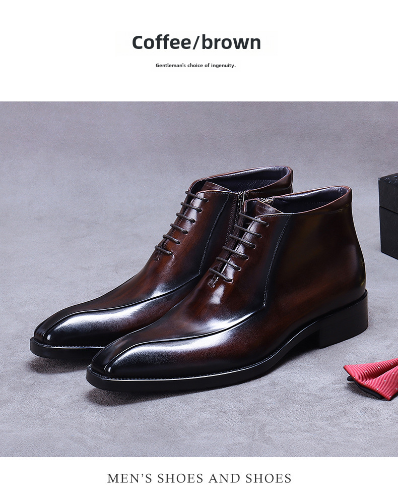 Kožené boty Velkoobchodní továrna Britské martinské boty Pravá kůže Módní společenské boty Špičatá špička Zip Vysoké kožené boty Kotníkové boty_voghion.com