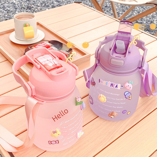 Hollywood celebrity large belly plastic cup double straw water cup large capacity sports water bottle sanding student backpack cup wholesale