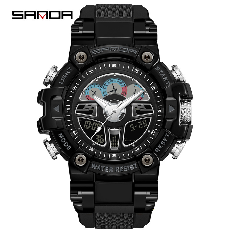 Sanda hasta mano luz reloj negro tecnología multi-funcional volante deportes volante reloj de alarma impermeable reloj masculino 3156