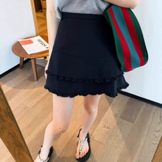 双层木耳边休闲半身裙女夏季新款大码胖mm高腰显瘦小个子A字短裙