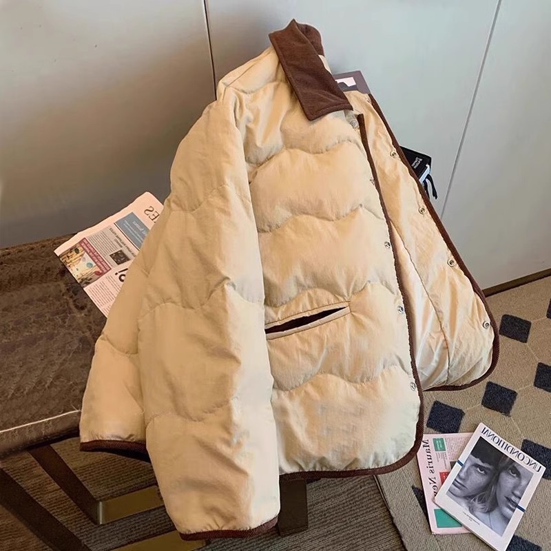 Guangzhou Thirteen Lines Bargain~ Chanel-Inspired Color-Block Corduroy Collar Lightweight Cotton Jacket for Women, Loose and Versatile