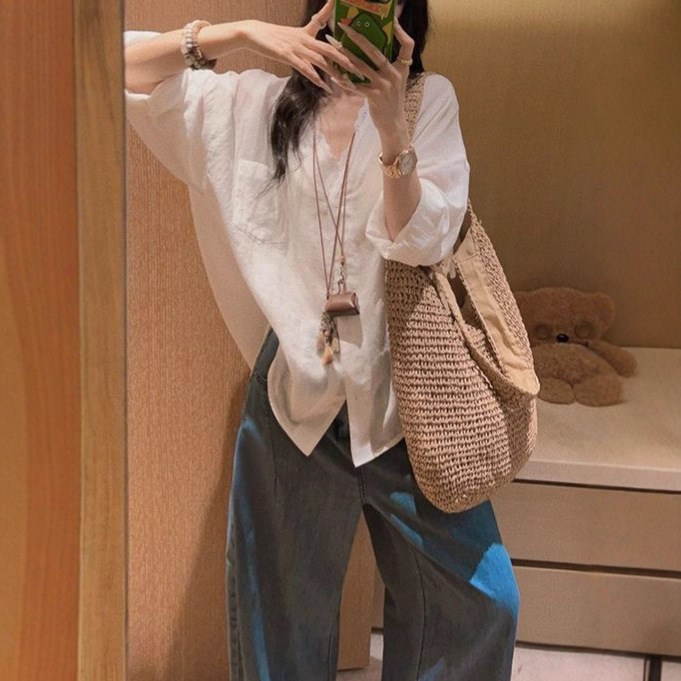 Yukis Old Money Style Tencel Linen White Lace Splicing Shirt Women's Summer Korean Style Loose Thin Sun Protection Shirt