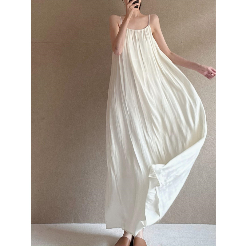 White Drapey Long Slip Dress 2026 Summer New Style Holiday Travel Photography Pleated Elegant Long Dress Tank Dress