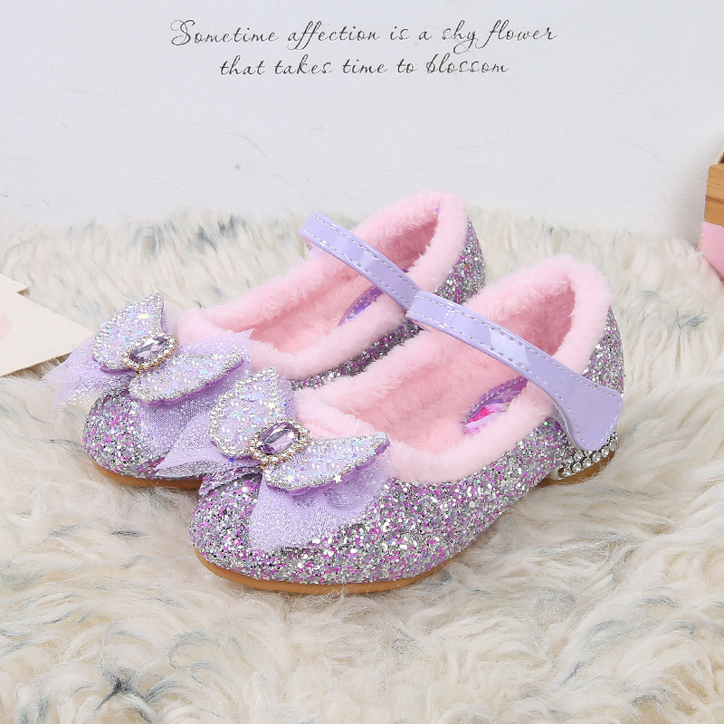 Zapatos de tacón alto para niños zapatos de princesa Aisha forrados de lana de invierno Nuevos zapatos de algodón para niñas zapatos de felpa para bebés zapatos de cuero para niñas