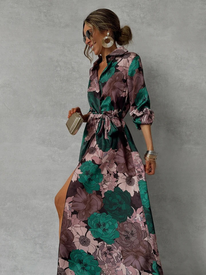 2024 Cross-border New Long-sleeved Dress Independent Station ins Internet Celebrity Same Printed Waist Lace-up Long-sleeved dress