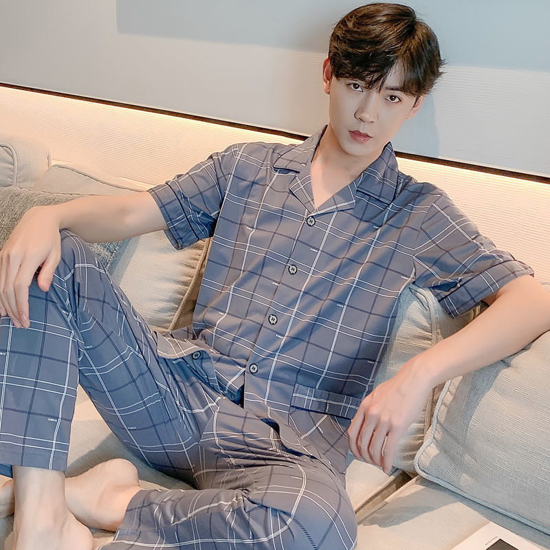 100% pijamas de algodón para hombres de verano de manga larga y corta para hombres delgados jóvenes y de mediana edad más el tamaño de primavera y otoño traje de uso en el hogar
