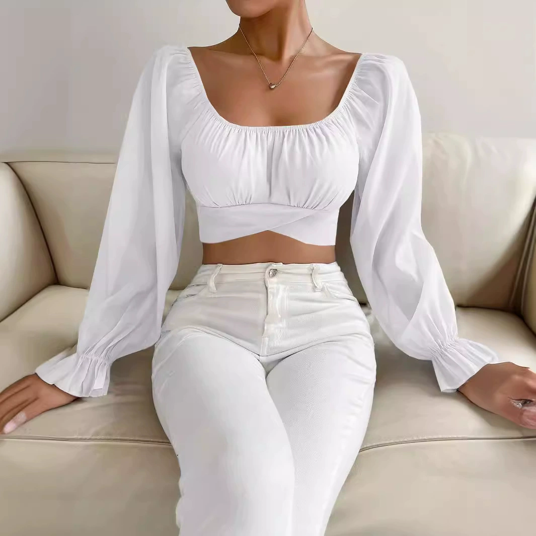 Шифоновые блузки с длинными рукавами, sexy длинный пояс, квадратный вырез