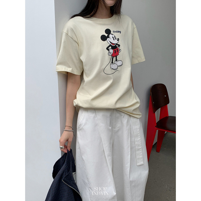 [No Returns or Exchanges] Cartoon Mickey Print Round Neck Short-Sleeved T-Shirt for Women, Casual, Versatile, Loose and Slimming Top for Women