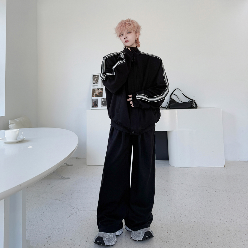 Bộ đồ áo len cardigan cổ đứng cổ đứng cổ điển mùa xuân cho nam giới quần dài thường ngày thiết kế trang trí dây vải thích hợp bộ đồ hai mảnh thể thao