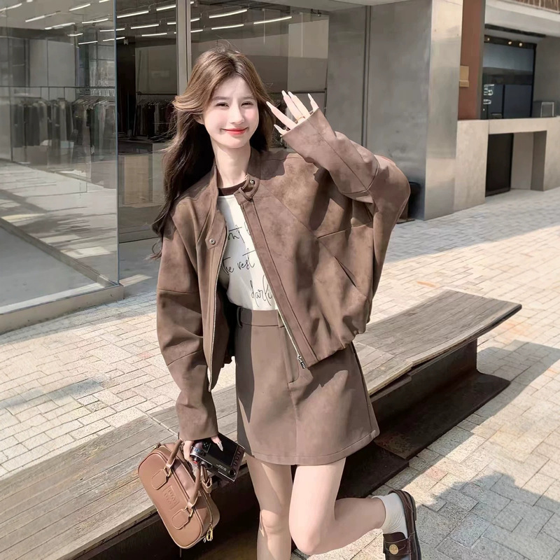 Melard brown suede jacket and skirt set for women, autumn, stylish and youthful, casual two-piece outfit