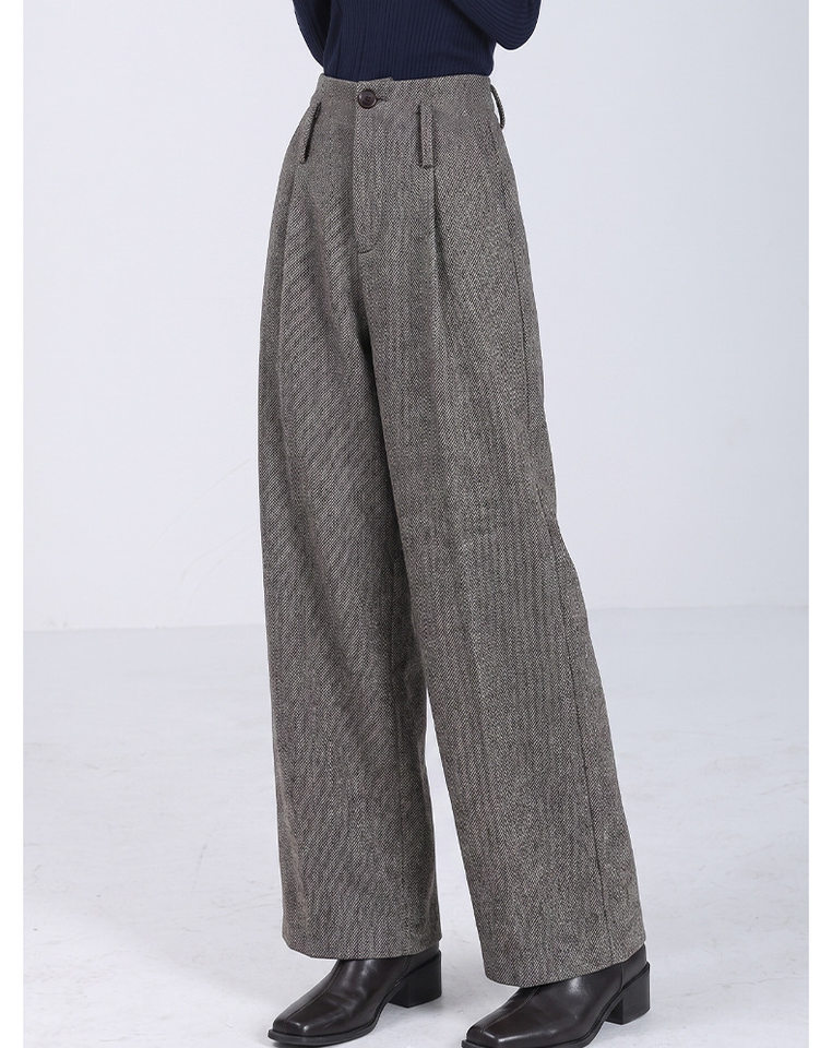 Quần tây nữ ống rộng cạp cao chất liệu len pha polyester, màu trơn, dáng rủ tôn dáng, giữ ấm — Màu ảnh chi tiết 10