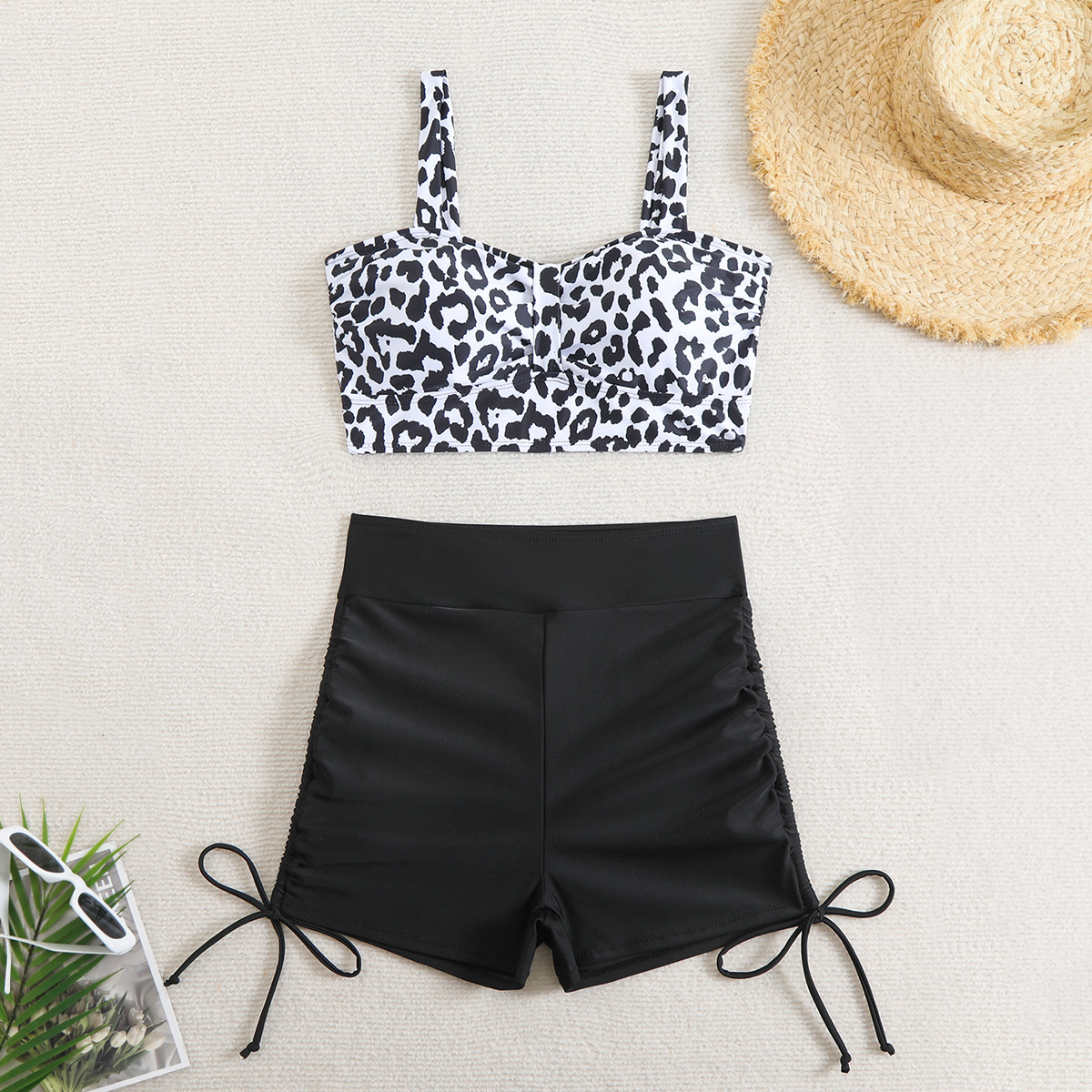 Women's Conservative Sporty Swimsuit 2025 European American New Style Printed Vest High Waisted Shorts Drawstring Cross Border Foreign Trade_ecoleips.com