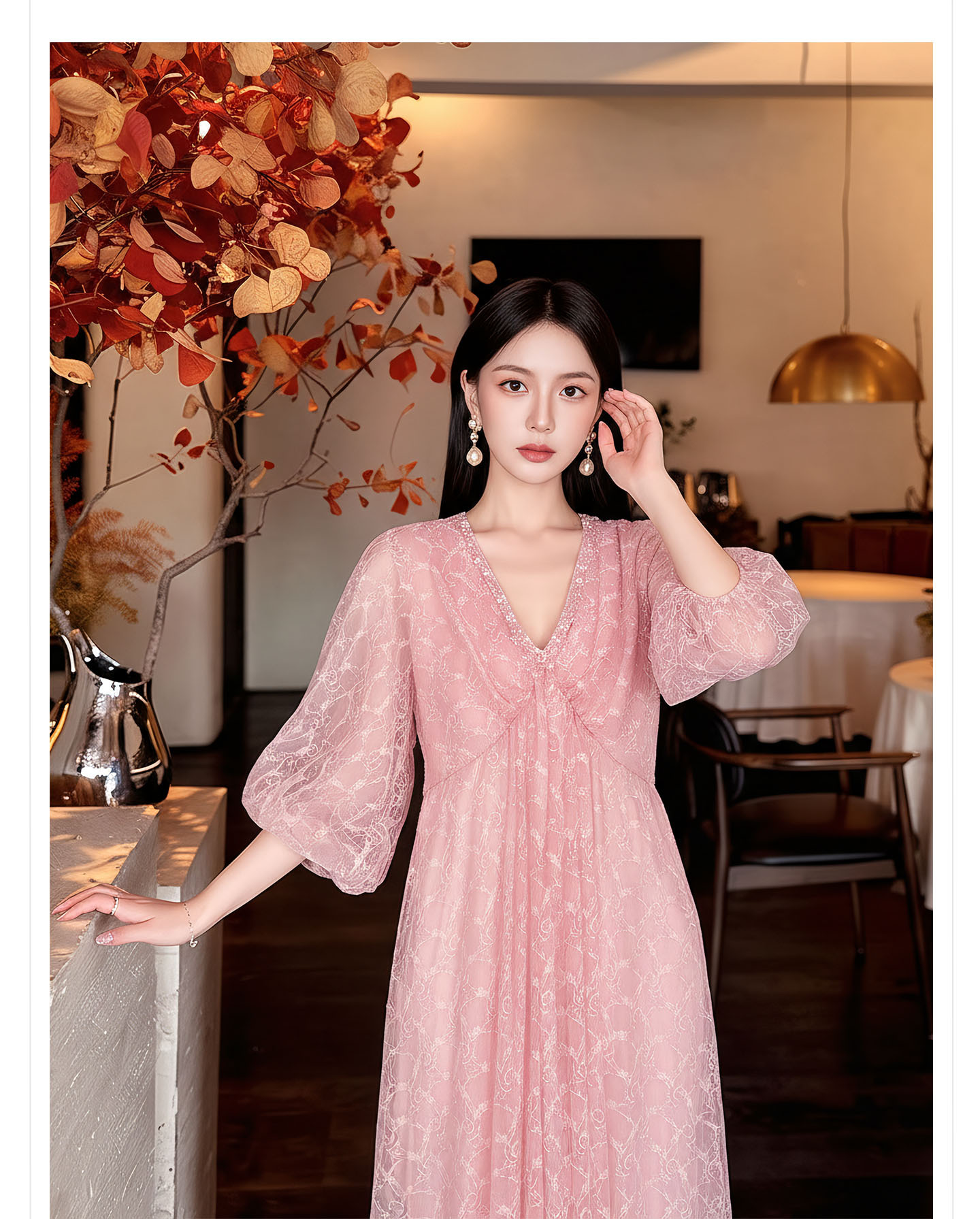 Đầm maxi nữ phong cách Tân Trung Hoa họa tiết batik ren jacquard dáng dài — Trang chủ chi tiết 3