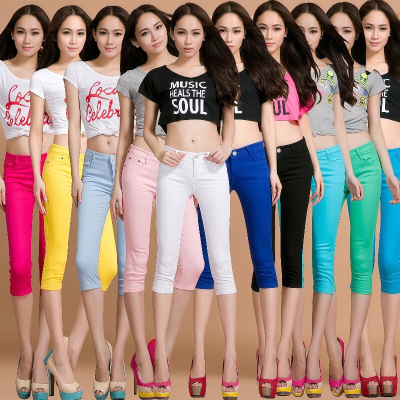 Candy-Colored Women's Three-Quarter Pencil Pants with Stretchy Slim Fit, Versatile Denim Pants with Button Details