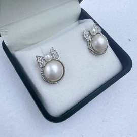 12-14mm天然海水马贝珍珠耳钉s925银镶嵌 轻奢百搭高级 显气质