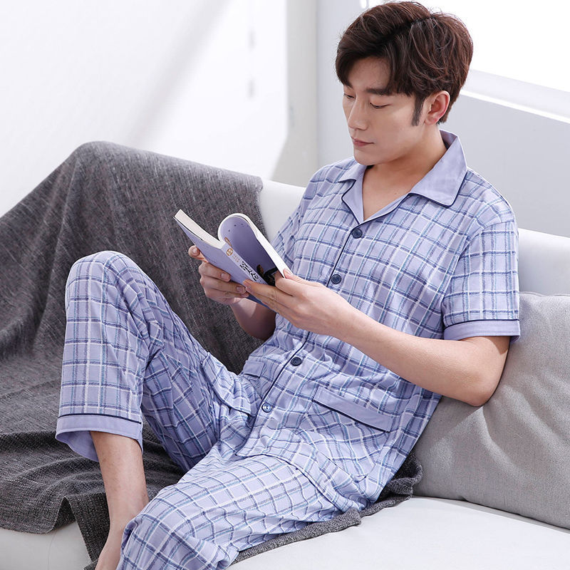 Pijamas de hombre ropa de verano 100% algodón pantalones de manga corta chaqueta juvenil traje de homewear delgado de mediana edad