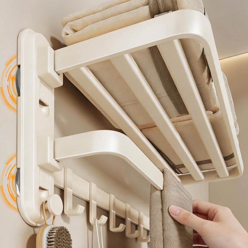 Cream-Colored Suction Cup Towel Rack, No-Drill Bathroom Towel Rack, Bathroom Storage Rack, Toilet Towel Hanging Rod Set